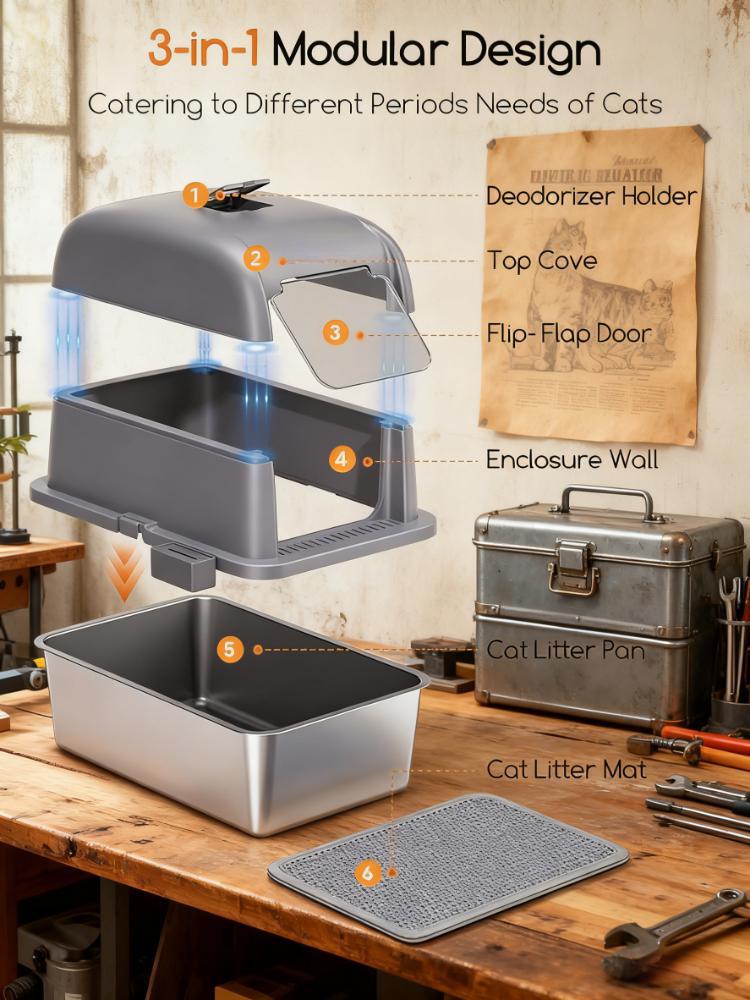 81L Large Enclosed Cat Litter Box with Stainless Steel Pan