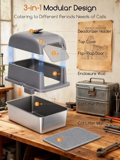81L Large Enclosed Cat Litter Box with Stainless Steel Pan
