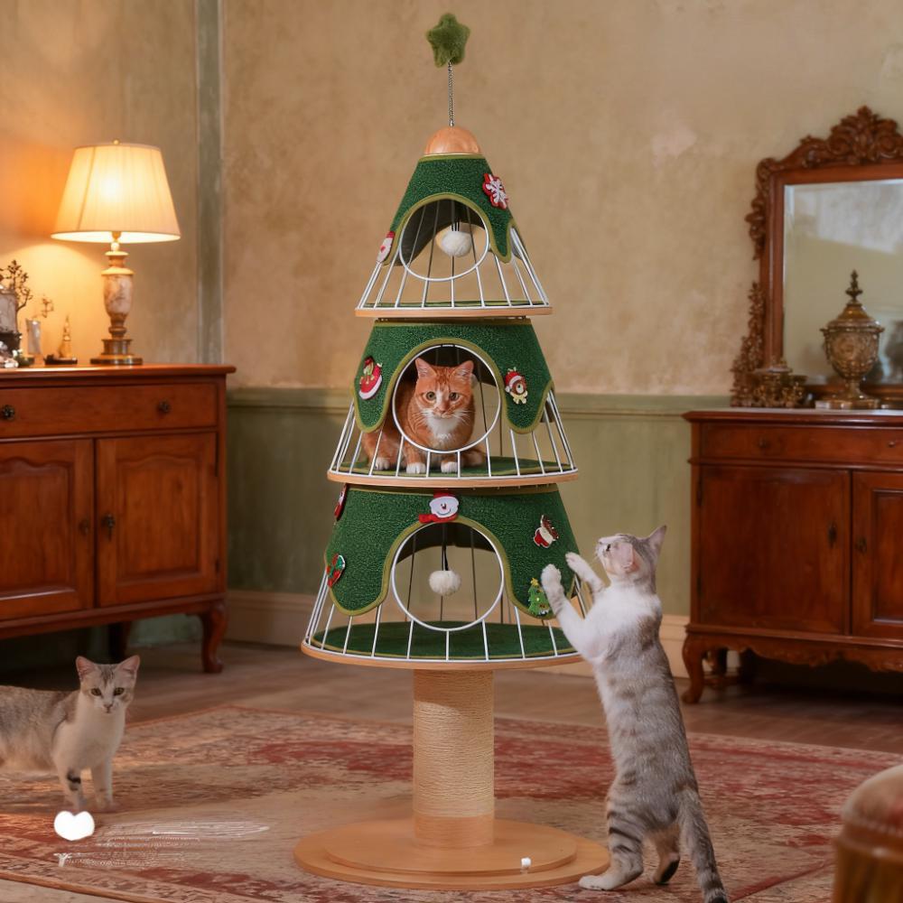 Christmas Tree-Shaped Cat Tree with Replaceable Scratching Covers